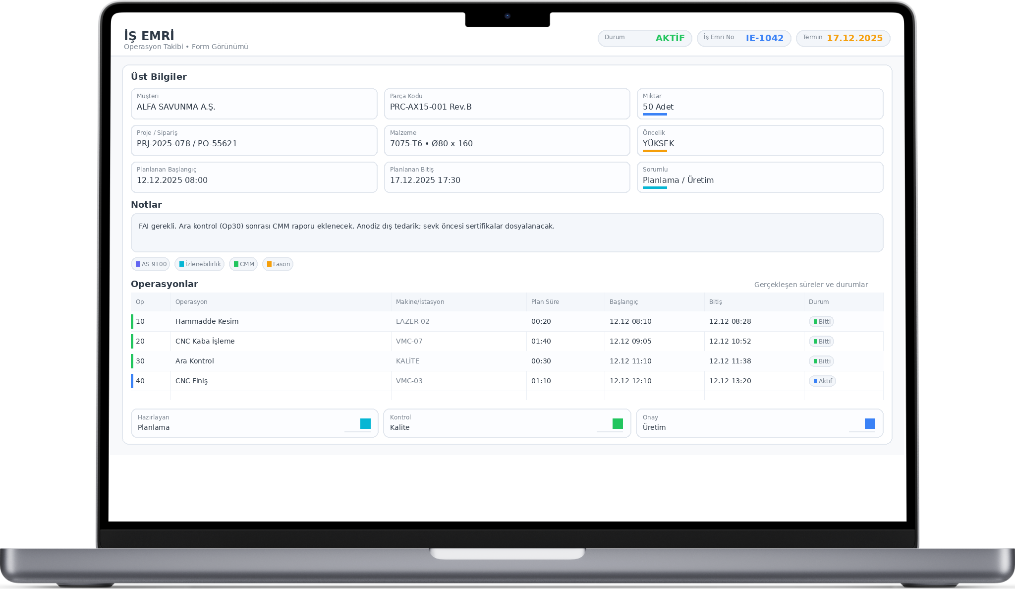 İş emri formu ekranı